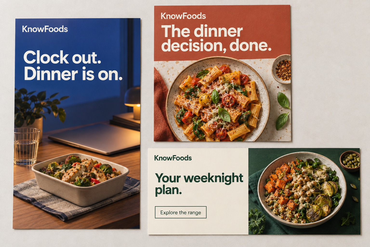 Three illustrated KnowFoods concepts: a blue evening-dinner story, a terracotta pasta post, and a green-and-ivory weeknight email with different headlines.