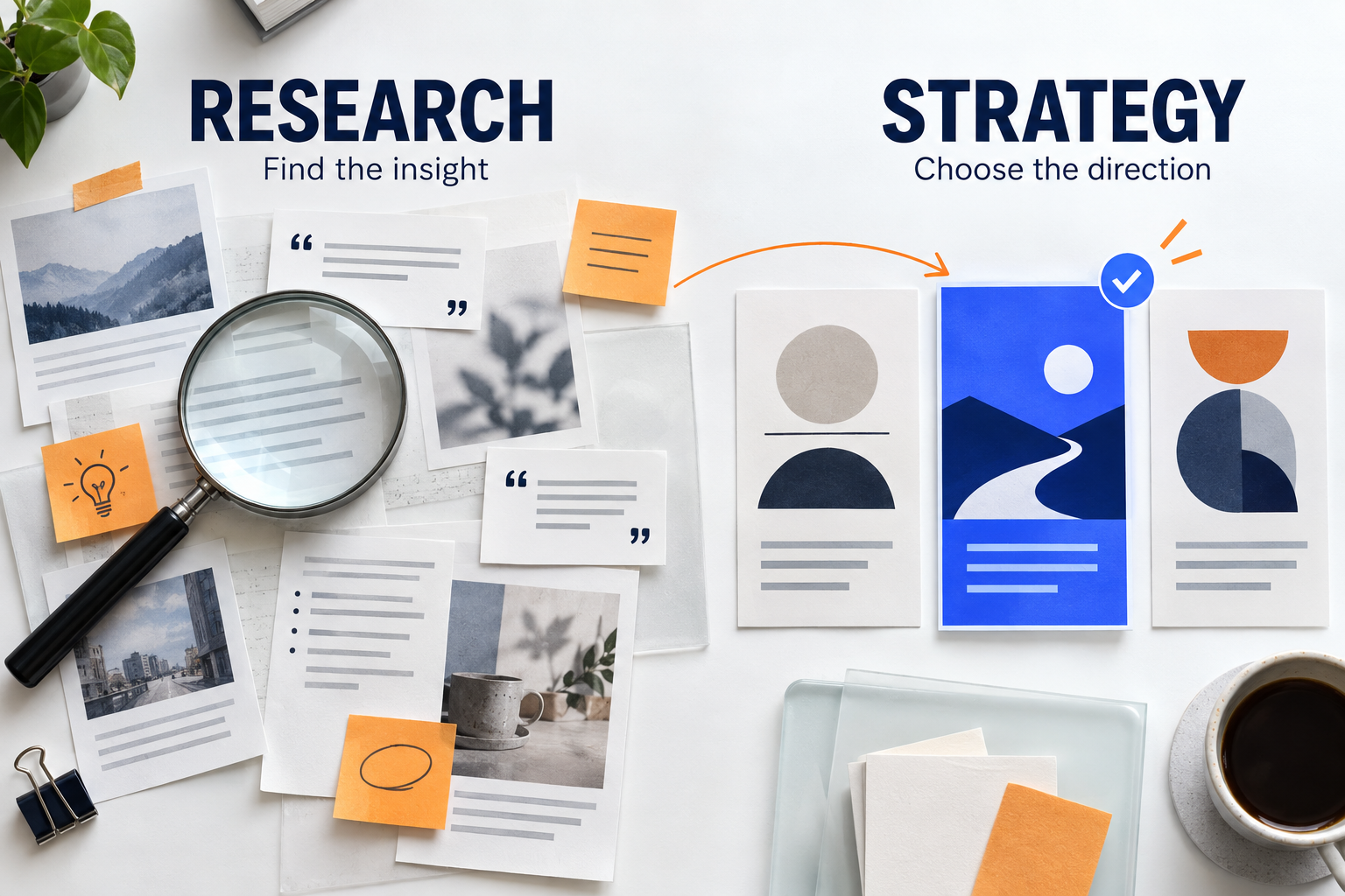 Digital illustration of research leading to strategy: a magnifying glass over evidence cards points to one selected campaign direction out of three.