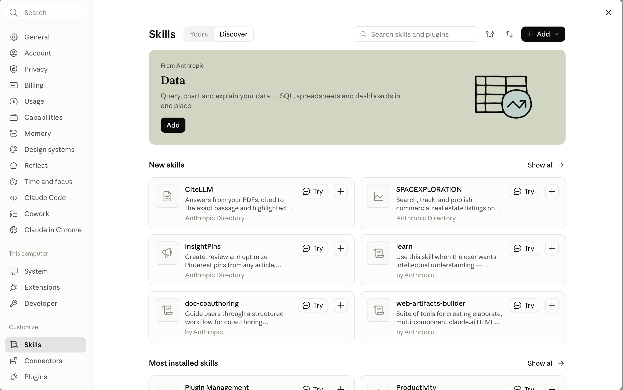 Claude settings open on Customize → Skills, showing the Discover tab and the Add button