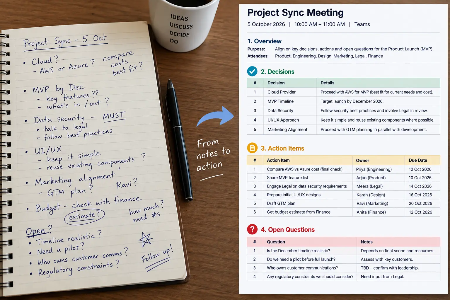 Handwritten meeting notes turned into a clean document with decisions, action items with owners and due dates, and open questions