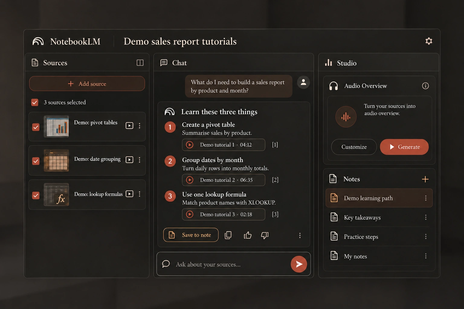 NotebookLM learning path showing what to learn for the task and where each step is explained