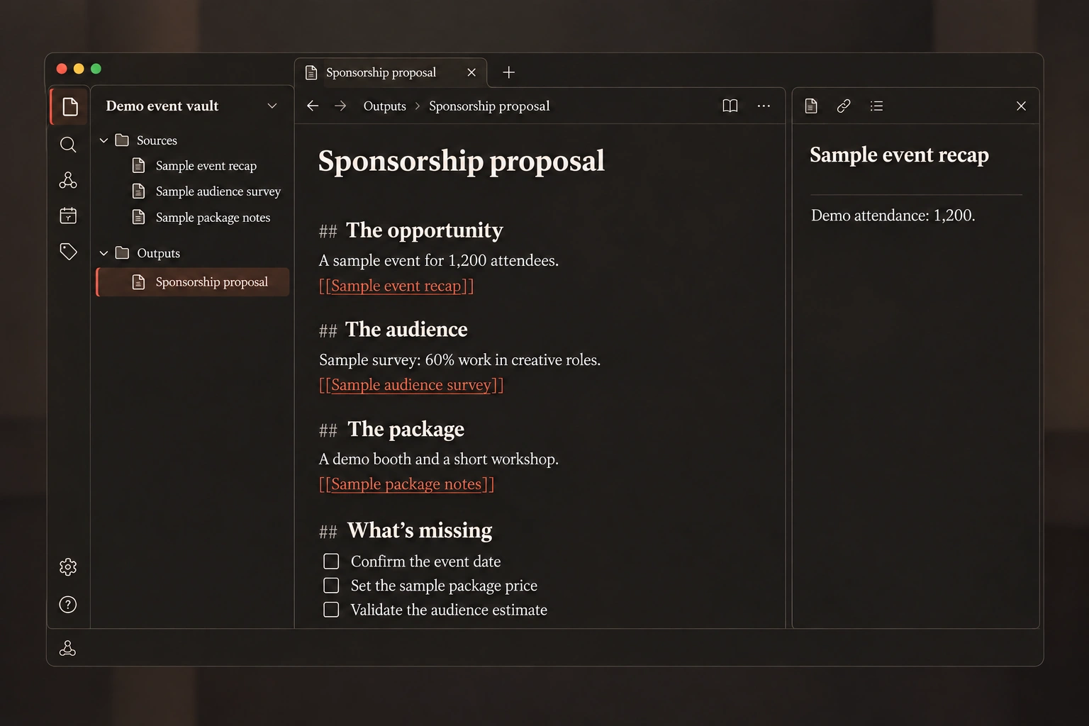 Proposal draft built from an Obsidian vault, with claims linked back to the source notes