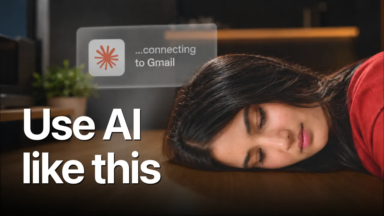 Woman resting her head on a desk while a card reads ...connecting to Gmail, under the words Use AI like this